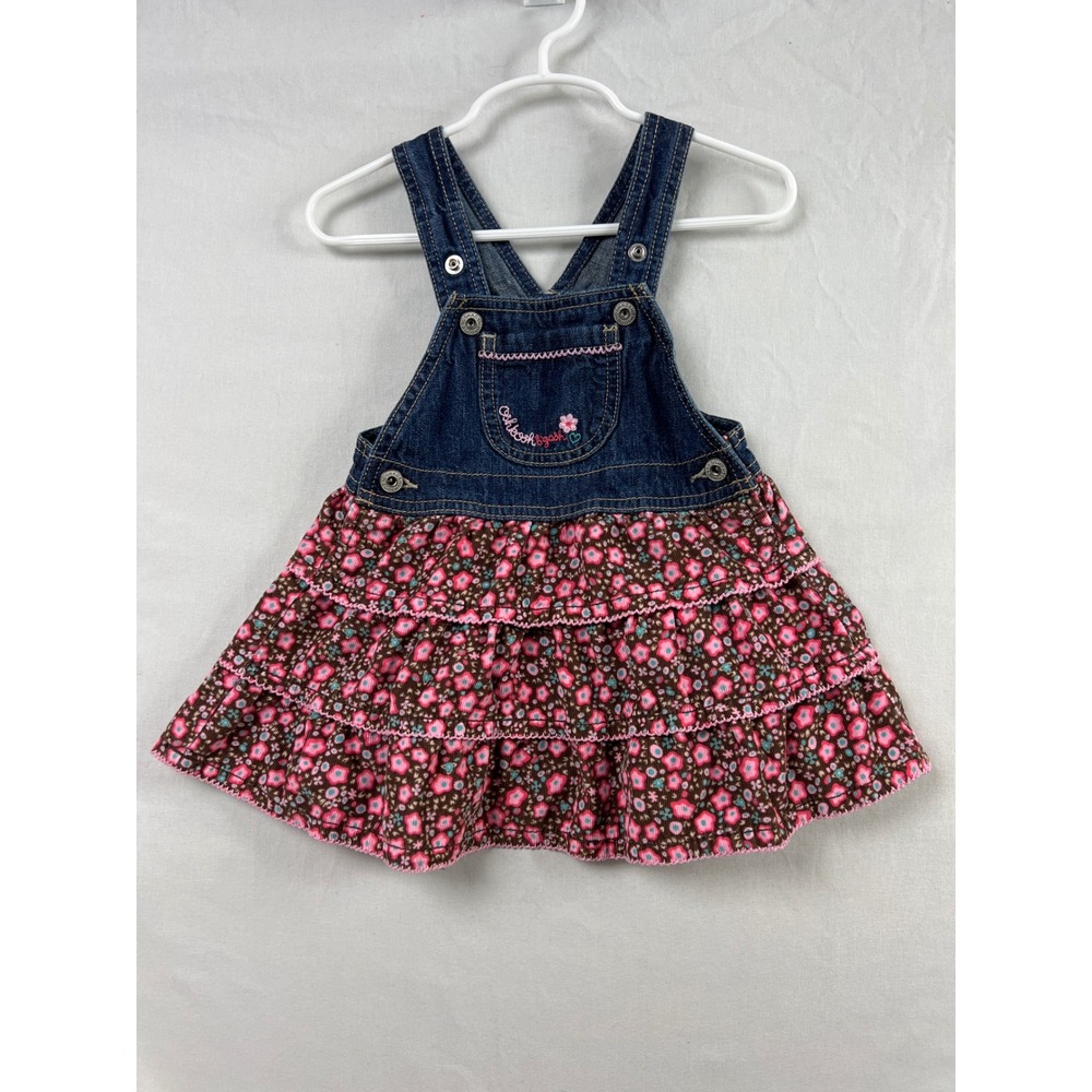 OshKosh B'gosh Overall Dress Kids 18M Blue Pink Floral Tiered Denim Corduroy